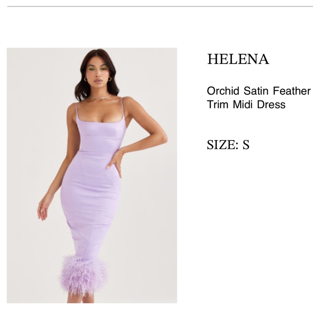 House of CB Orchid Satin Feather Trim Midi Dress